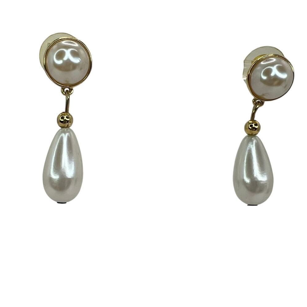 Vintage Teardrop Faux Pearl Earrings Stud Pierced Dangle Bead Gold Tone Formal